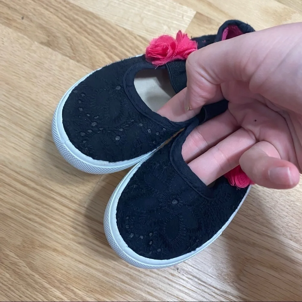 Black Mary Jane Sneakers W/ Pink Flower Sz 8 Toddler Shoe